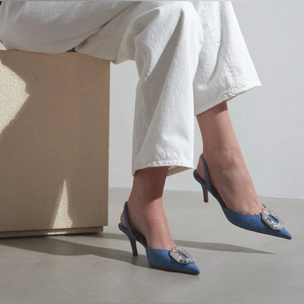 Amina Muaddi 60mm Camelia Slingback Pointed Toe Pumps Denim Size 40 New - Picture 13 of 13